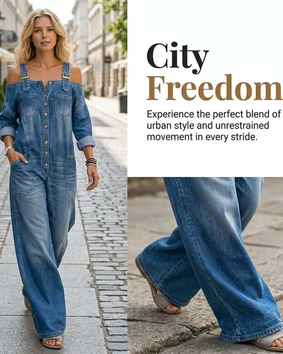 Jumpsuit Spagettibånd Kold Skulder Bred Ben Denim