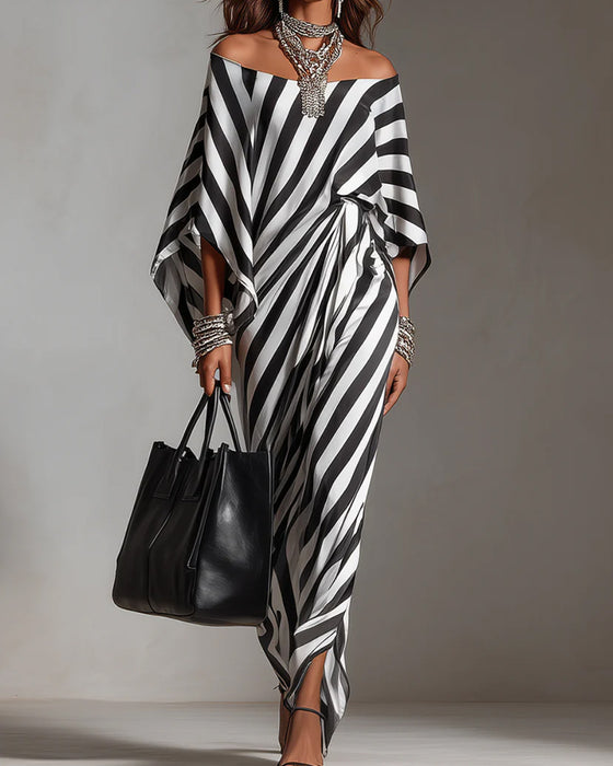 Kjole Off-shoulder Flagermusærme Stribe Lang