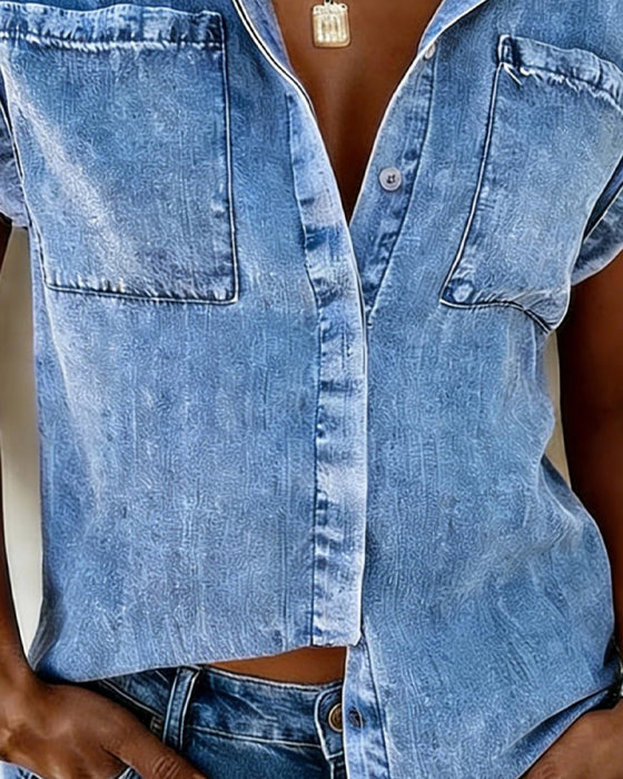 Skjorte Denim Lomme Krave