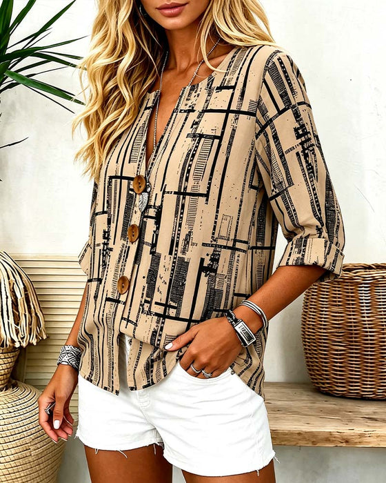 Bluse V-Hals Knappestrop Stribet