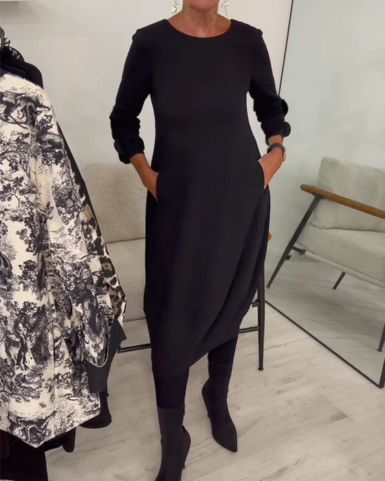 Kjole Rundhals Loose Fit Draperet Afslappet