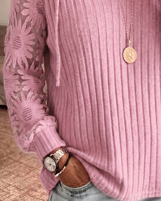 Bluse Hætte V-Hals Blonder Patchwork Ribbet