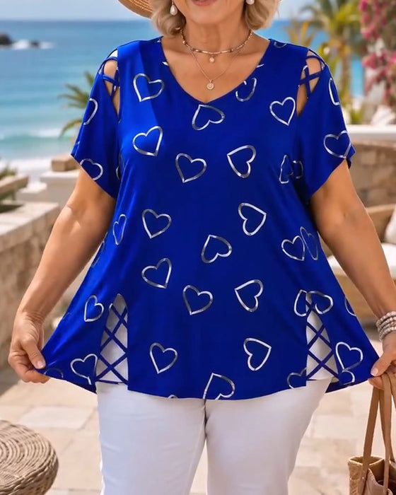 T-Shirt Hjertemønster Gennembrudt Kortærmet