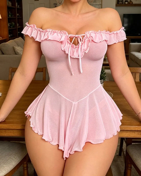 Lingerie Med Off Skulder Rynket Snøring Mesh