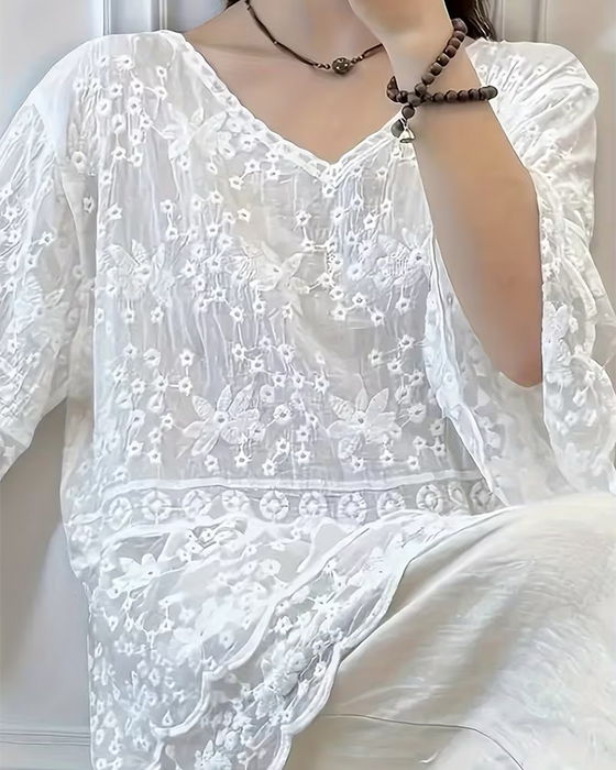 Bluse Kort Ærme Blonder Trim