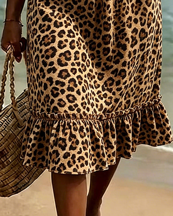 Kjole Leopardprint V-Udskæring Flæse