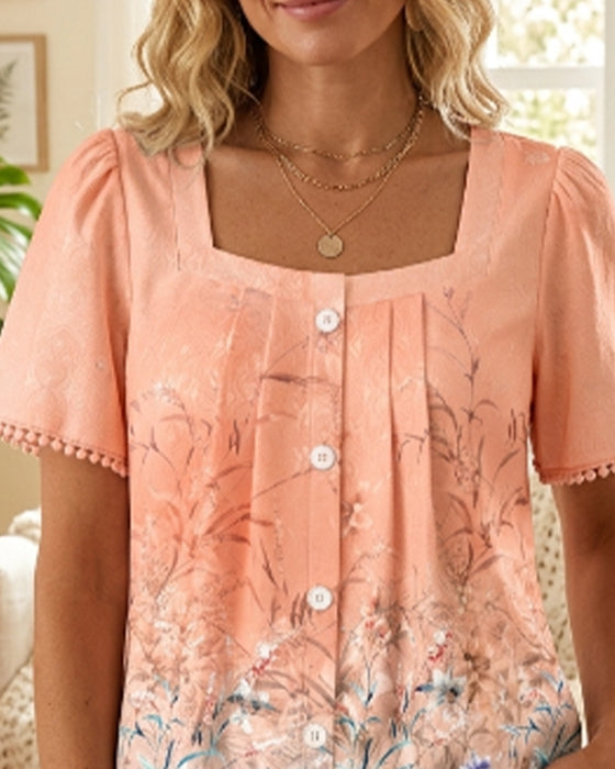 Bluse Firkantet Hals Rynket Tryk Frynser