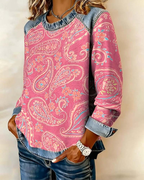 Stilfuld Sweatshirt Med Farveblokning Og Rund Halsudskæring