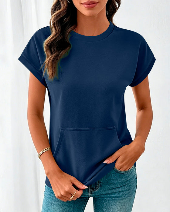 Bluse Forlomme Ensfarvet Rund Hals