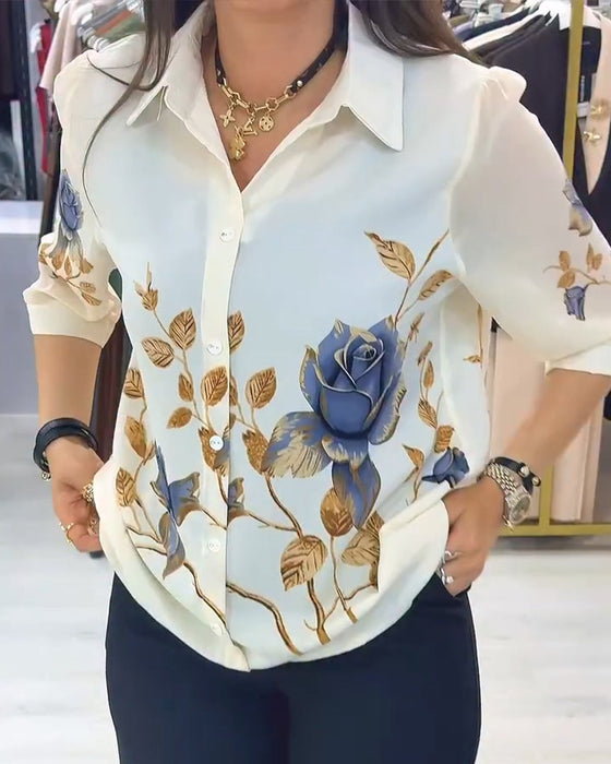 Bluse Krave Puff Ærme Knapforkant