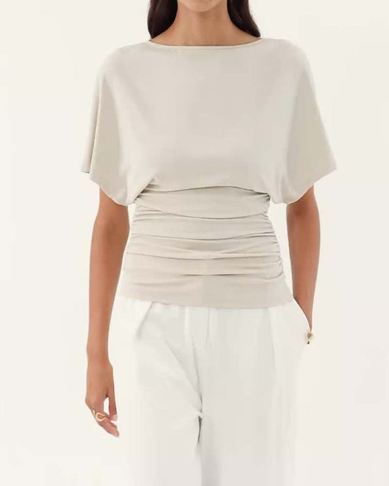 Bluse Casual Ensfarvet Plisseret Kort Ærme
