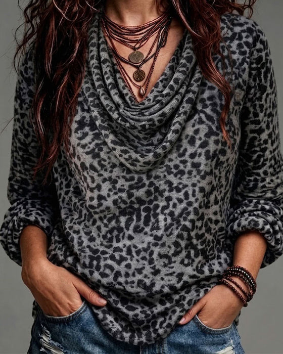 Bluse Mock Hals Leopard Lang Ærme