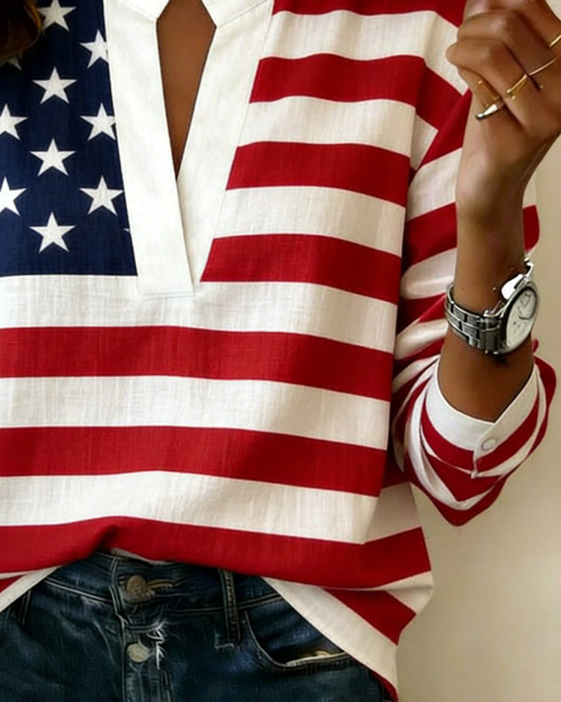 Bluse Flag Tryk Mandarin Krave V-Hals