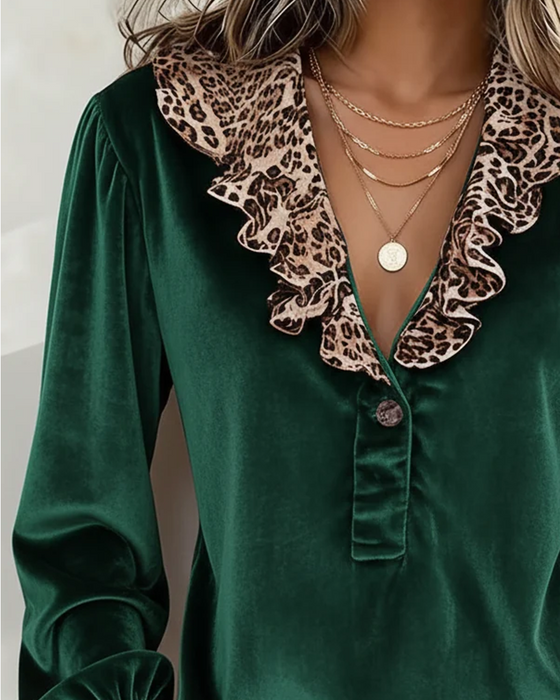 Top V-Hals Knap Ruffle Leopard