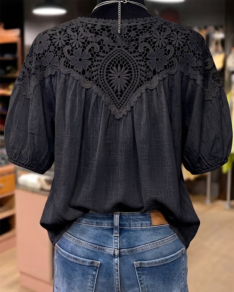 Bluse Puf Kort Ærme Blonde Patchwork V-Hals