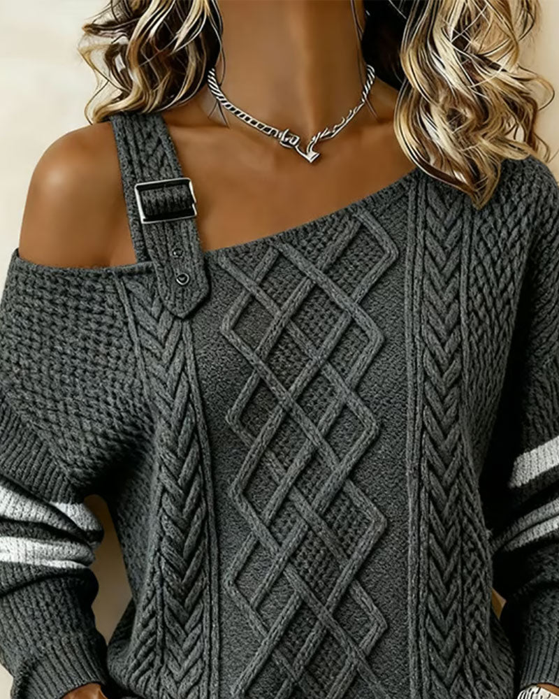 Pullover En Skulder Metalspænde Stribet Flet