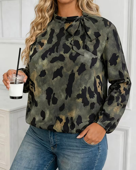 Bluse Camouflage Leopard Tryk Tørklæde Bind Pufærm