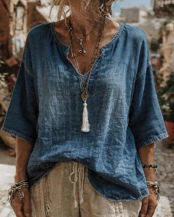 Top V-Hals Denim Halv Ærme