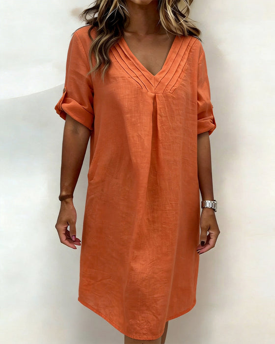 Kjole 100% Bomuld V-hals Plisseret
