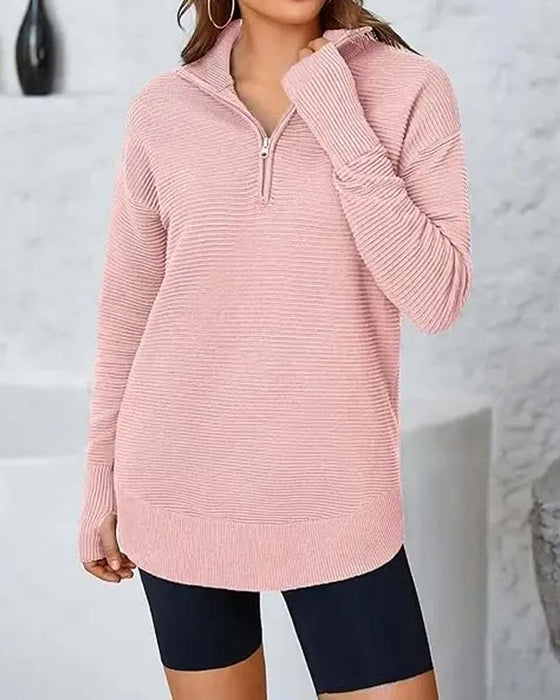 Stribet Langærmet Sweatshirt Med Krave Og Lynlås