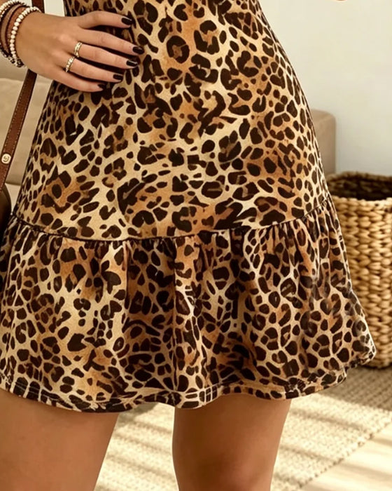 Kjole Leopard Tryk Kort Ærme Ruffle Mini