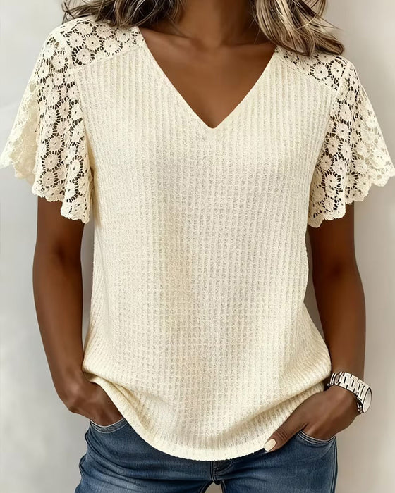 T-Shirt V-Hals Vaffel Blonde Patchwork Solid