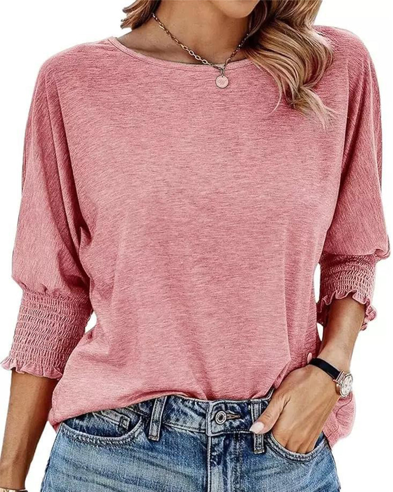 Tshirt Løs Pasform Rund Hals Rynkede Manchetter