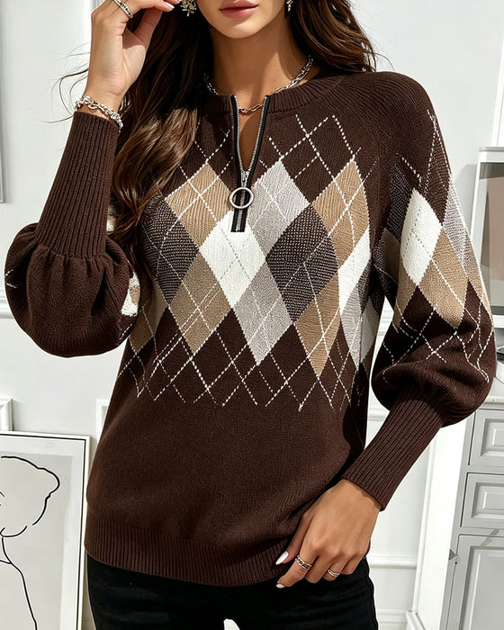 Pullover Rutemønster Jacquard Halv-Zip Lygte Ærme