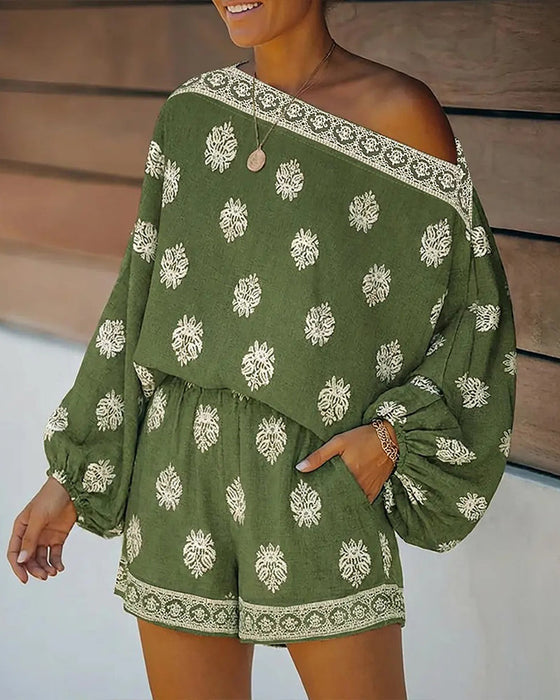 Sæt Kvinder 2 Dele Outfit Boho Top Og Shorts