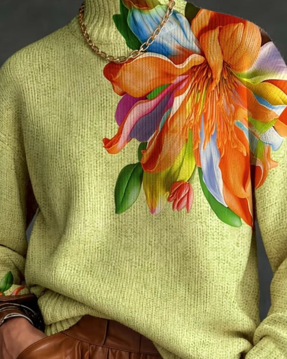 Pullover Turtleneck Blomstret Kontrast Langærmet