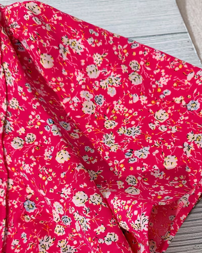 Bluse V-Udskæring Knap Blomstermønster