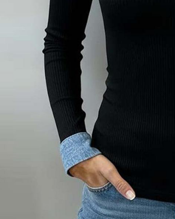 Top Kontrastfarve Klap V-hals Langærmet