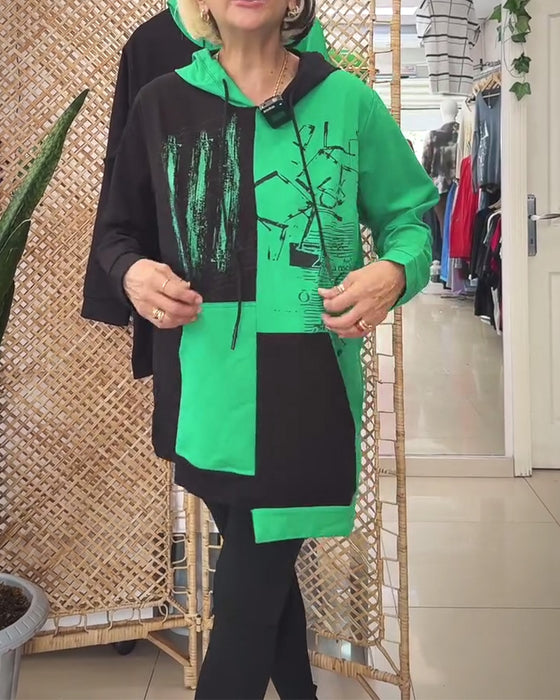 Sweatshirt afslappet hætte farveblok printet