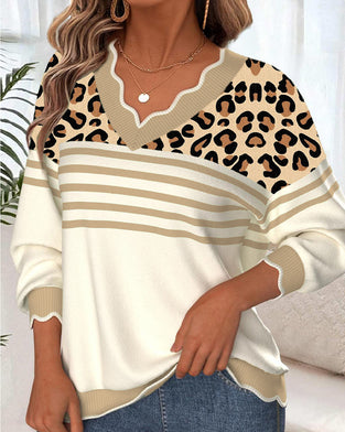 Sweater V-Hals Leopardprint Kontrast