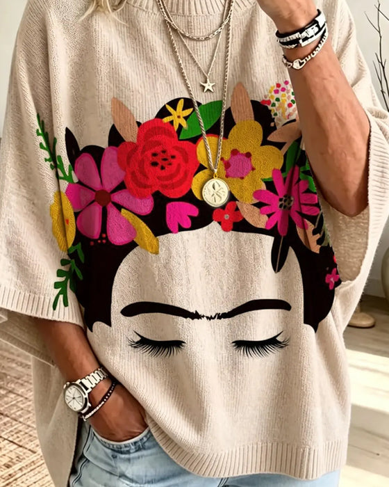 Loose Fit Ansigt Blomstret Tryk Pullover