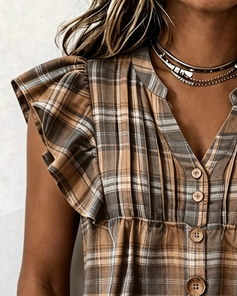 Bluse Brun Gingham Flutter Ærme