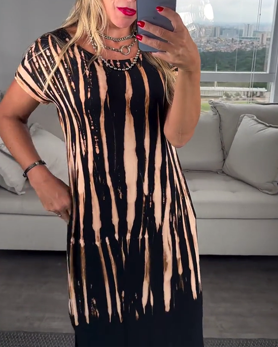 Kjole afslappet kortærmet slids rund halsudskæring printet