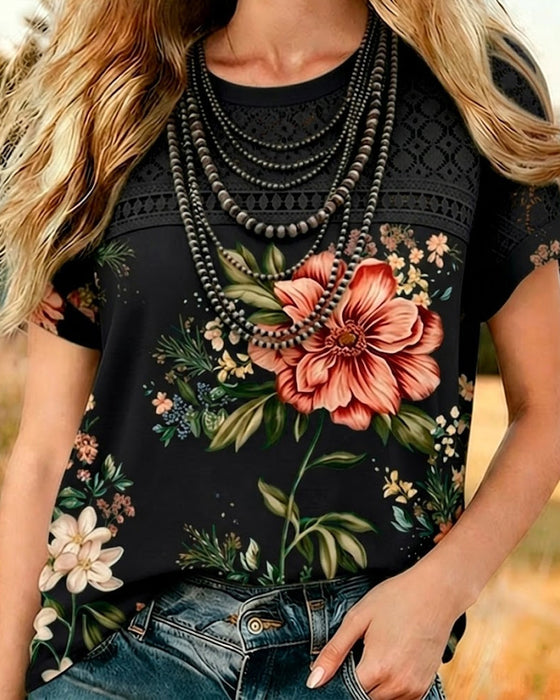 T-Shirt Udskæring Patchwork Kort Ærme