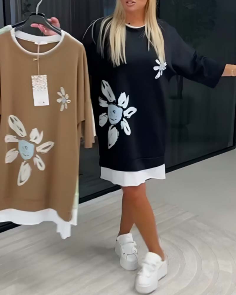 Sweatshirtkjole Rund Hals Trykt Patchwork