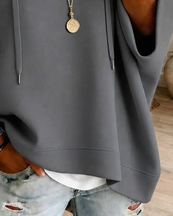 Sweatshirt Med Snoretræk Og Trekvart Ærmer Med Hætte