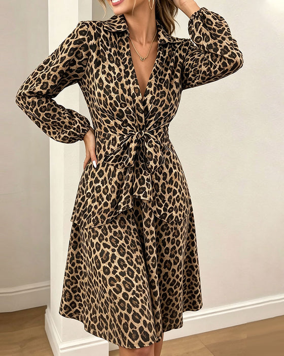 Kjole Leopardprint Revers Talje Strop Skjorte