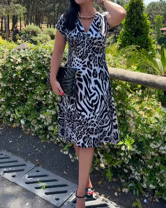 Kjole V-Hals Lynlås Leopardprint