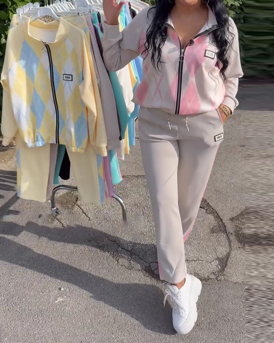 Todelt Sæt Ternet Top Med Lynlås Og Bukser