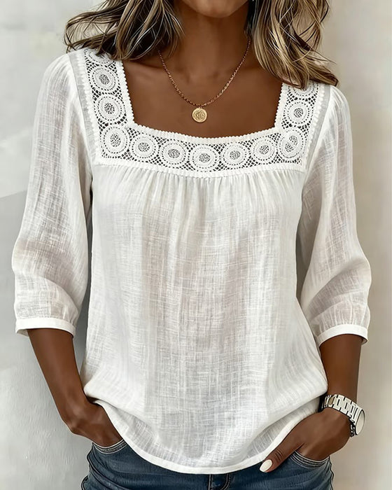 Bluse Firkantet Hals Blonde Patchwork