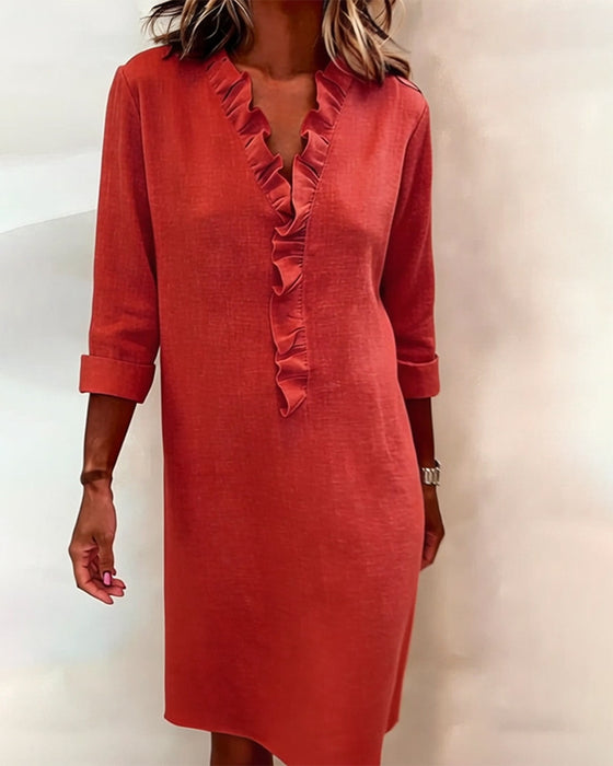 Kjole Rynket V-Hals Ensfarvet