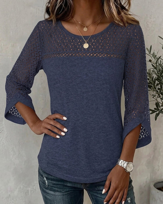 T-Shirt Hollow Out Lang Ærme Patchwork