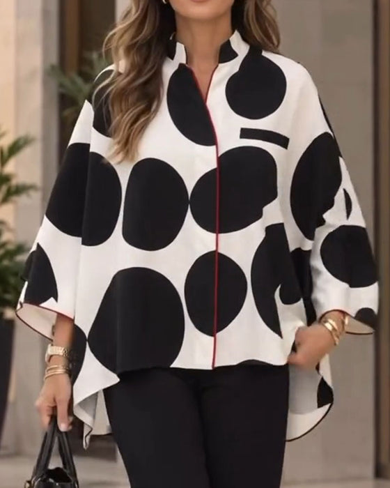 Bluse Stående Krave Store Prikker Løs Uregelmæssig
