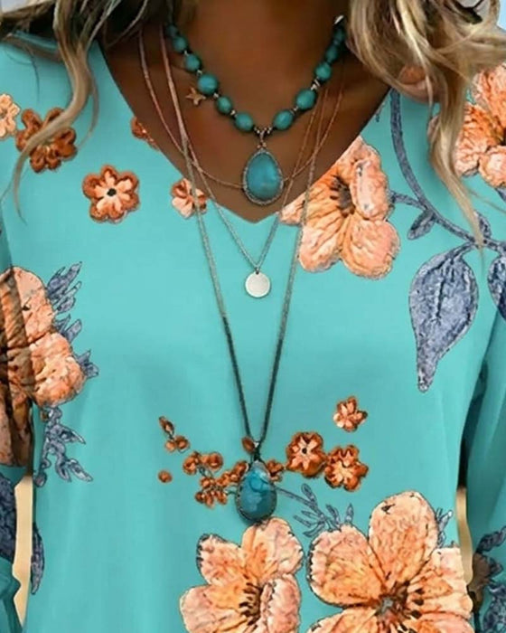 Bluse V-Udskæring Vintage Blomstret Loose Fit