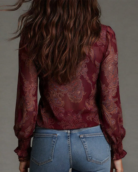 Bluse Halvlås Rynke Retro