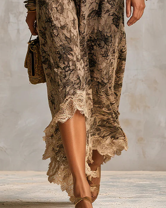 Kjole V-Hals Blonde Patchwork Asymmetrisk